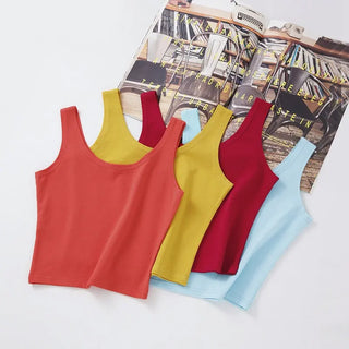 Summer Slim Solid Color Short Top Sexy Sleeveless U Croptops Women Tank Tops White Cotton Tops Vest For Ladies ALODIA STORE