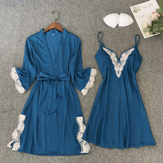 Satin Robe Set Sexy Female Sleepwear Summer Kimono Bathrobe Lace Trim Bride Bridesmaid Dressing Gown Casual Nightgown ALODIA STORE