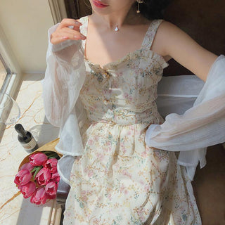 Spaghetti Strap Women French Elegant Vintage Floral Dress sweat ALODIA STORE