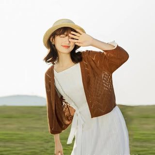 Women Blouses White Cropped Knit Plus Size Cardigan Sweater CropTop Autumn Thin Korean Harajuku Vintage Half-Sleeved Sweater ALODIA STORE