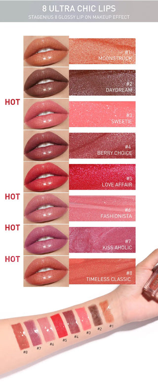 STAGENIUS Lipgloss Waterproof Long-lasting 8 Shades Mirro Glass Non Stick Shimmer Glitter Gloss Lip Tint Makeup ALODIA STORE