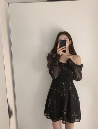 Sexy Black Dress Vintage Flower Long Puff Sleeve Chiffon Dresses ALODIA STORE