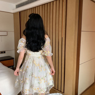 French Floral Dress Women Sexy Puff Sleeve Lace Chiffon Print Mini Dress Women Summer Korean Style Vintage Fairy Dress New 2023 ALODIA STORE