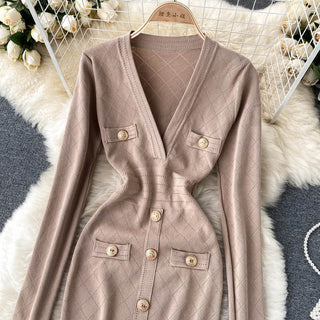 Women Knitted Pencil Dress Korean Long Sleeve V Neck Elastic Slim Dress ALODIA STORE