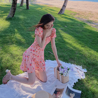 Pink Elegant Kawaii Dress Women Floral Print Cherry Mini Dress Female Casual Sweet Japan Korean Style Summer Dress Women 2020 ALODIA STORE