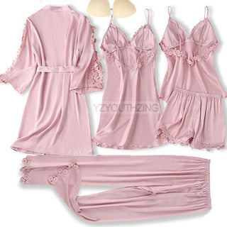 5PCS Robe Suit Satin Women Nightwear Lace Kimono Gown Bridal Wedding Bathrobe Set Sexy Pajamas V-Neck Sleepwear Lounge Lingerie ALODIA STORE