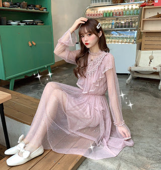 2022 Brand New Women Romantic Tulle Dress Stand Collar Beading Tassels Ruffles Long Sleeve Mesh Dress Cute Mid Dress Vestidos ALODIA STORE