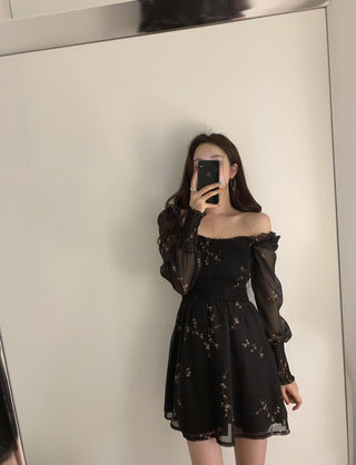 Sexy Black Dress Vintage Flower Long Puff Sleeve Chiffon Dresses ALODIA STORE