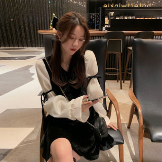 Vintage Mini Dress Lolita Women 2023 Autumn Lace Bow Velvet Evening Party Dress Female Y2k Casual Kawaii One Piece Dress Korean ALODIA STORE