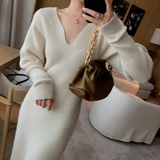 Elegant Long White Knitting Dress Women Winter V-Neck Long ALODIA STORE
