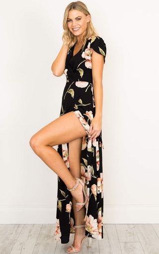 2023 Summer Short Sleeved Long Dress V-neck Split Print Fashion Retro Tiktok Consignment Rayon Robe for Women Party Wedding ALODIA STORE