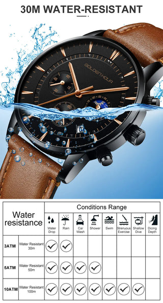 GOLDENHOUR Men's Watch Top Brand Luxury Fashion Quartz Watch Men Leather Waterproof Sports Wrist Watch Male Relogio Masculino ALODIA STORE