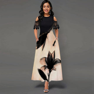 Fashion Vintage Long Dress Women Sexy Lace Short Sleeve Off-shoulder O-neck Party Dress 2021 Summer Floral Printed Elegant Dress ALODIA STORE