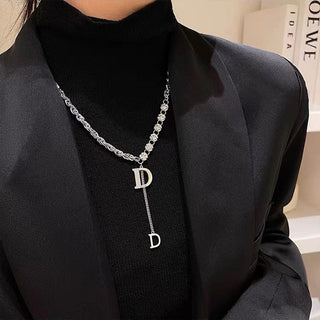 Design Sense Micro Setting Zircon D Letter Pendant Long Necklace Winter Sweater Chain Fashion Jewelry For Woman Girls Party Gift ALODIA STORE