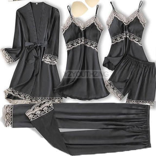 5PCS Robe Suit Satin Women Nightwear Lace Kimono Gown Bridal Wedding Bathrobe Set Sexy Pajamas V-Neck Sleepwear Lounge Lingerie ALODIA STORE
