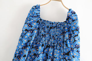 Vintage Blue Floral Print Dress Women Lantern Sleeve Square Neck A-line Dress Modern Female Holiday Summer Mini Chiffon Dress ALODIA STORE