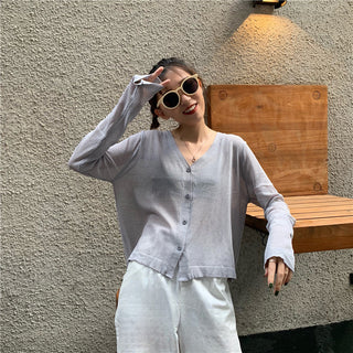 Cardigan Women Korean Long Sleeve Cardigan Summer Cropped Cardigan Knitted V-Neck Thin Ice Silk Sweaters Sunscreen Shirt Tops ALODIA STORE