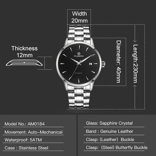 STARKING Business Men Watch 40mm Men's Mechanical Watch Simple Sapphire AM0184 2023 Calendar Ultra Thin Mechanical Watch 5Bar ALODIA STORE