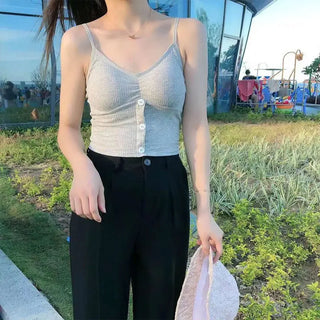 Women Camisole Fashion Wild Solid Color Sling Tank Top Summer New Button V-neck Cotton Vest With Removable Chest Pad ALODIA STORE