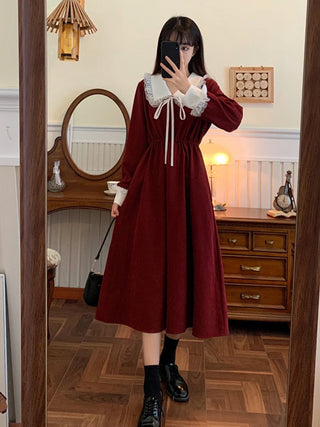 Vintage Dress Women Sweet Lace Peter Pan Collar French Elegant Long Sleeve Lace-Up Fairy One Piece Dress Korean 2021 Autumn Chic ALODIA STORE