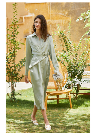 AEL lace up satin robe dress casual loose ladies Single breasted long shirt dress ALODIA STORE