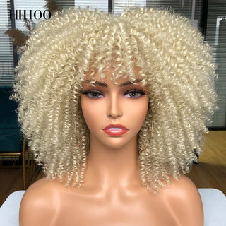 Short Afro Kinky Curly Wig With Bangs For Black Women Cosplay Lolita Natural Hair Ombre Mixed Brown Synthetic African Wigs ALODIA STORE