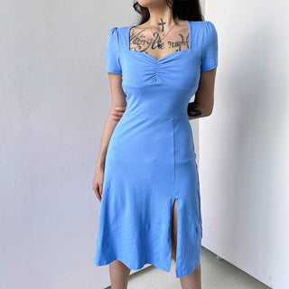 Summer Dress Women Square Collar Ruched Korean ALODIA STORE