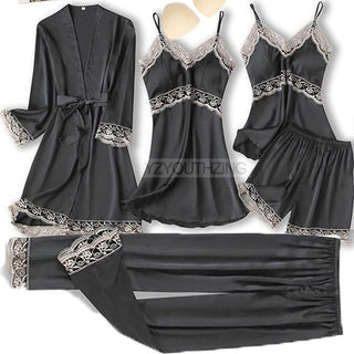5PCS Robe Suit Satin Women Nightwear Lace Kimono Gown Bridal Wedding Bathrobe Set Sexy Pajamas V-Neck Sleepwear Lounge Lingerie ALODIA STORE