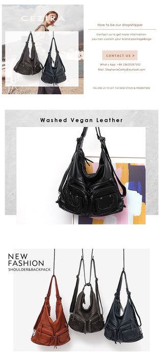 CEZIRA Large Soft Casual Women Bags Functional Girl School Backpack PU Leather Bag Ladies Multi Pockets Messenger&amp;Shoulder Bag ALODIA STORE