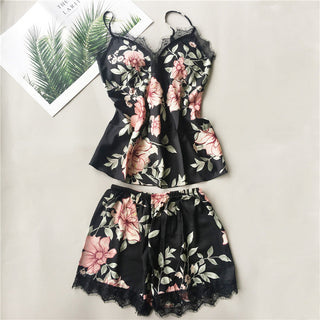 Daeyard Women's Pajamas Sexy Lingerie Silk Overall Print Cami And Shorts 2Pcs Pyjama Set Sleepwear Summer Pijama Nighty Homewear ALODIA STORE