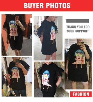 XITAO Splice Ribbon Cartoon Pattern Dress Women Puff Mesh Sleeve  Casual Party Black Dress Korean Style Summer DLL2106 ALODIA STORE