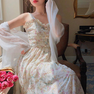 Spaghetti Strap Women French Elegant Vintage Floral Dress sweat ALODIA STORE