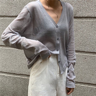 Cardigan Women Korean Long Sleeve Cardigan Summer Cropped Cardigan Knitted V-Neck Thin Ice Silk Sweaters Sunscreen Shirt Tops ALODIA STORE
