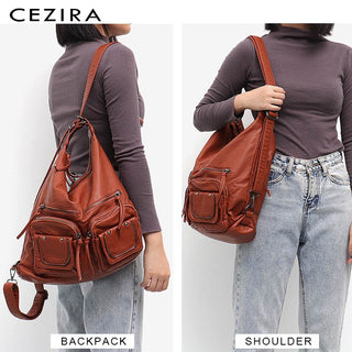CEZIRA Large Soft Casual Women Bags Functional Girl School Backpack PU Leather Bag Ladies Multi Pockets Messenger&amp;Shoulder Bag ALODIA STORE
