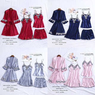 4PCS Satin Sleepwear Lady Pajamas Suit Nighty&amp;Robe Set Sexy Intimate Lingerie Casual Bridal Wedding Gift Homewear Nightgown ALODIA STORE