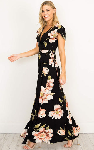 2023 Summer Short Sleeved Long Dress V-neck Split Print Fashion Retro Tiktok Consignment Rayon Robe for Women Party Wedding ALODIA STORE