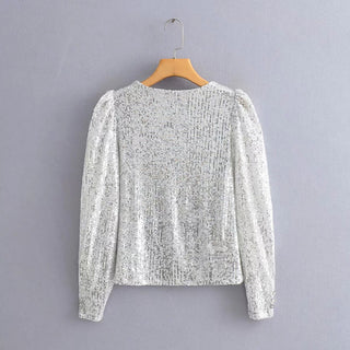 Elegant Women Sequined Tops 2021 Spring Fashion Ladies Vintage Silver Top Party Female Sexy V-Neck Tops Femme Girls Chic Clothes ALODIA STORE