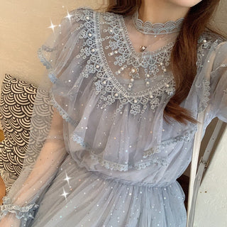 2022 Brand New Women Romantic Tulle Dress Stand Collar Beading Tassels Ruffles Long Sleeve Mesh Dress Cute Mid Dress Vestidos ALODIA STORE
