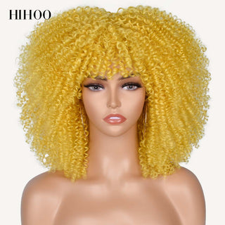 Short Afro Kinky Curly Wig With Bangs For Black Women Cosplay Lolita Natural Hair Ombre Mixed Brown Synthetic African Wigs ALODIA STORE