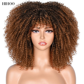 Short Afro Kinky Curly Wig With Bangs For Black Women Cosplay Lolita Natural Hair Ombre Mixed Brown Synthetic African Wigs ALODIA STORE