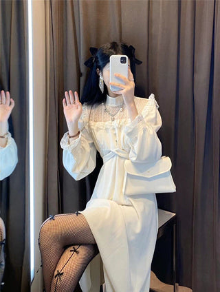 French Lace Vintage Dress Puffer Sleeve ALODIA STORE