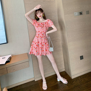 Pink Elegant Kawaii Dress Women Floral Print Cherry Mini Dress Female Casual Sweet Japan Korean Style Summer Dress Women 2020 ALODIA STORE