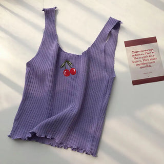 Cherries Embroidery Sleeveless Ropa Para Mujer Cropped Black Top Knitted Tank White Ribbed Camis Purple Croptop Womens Clothes ALODIA STORE