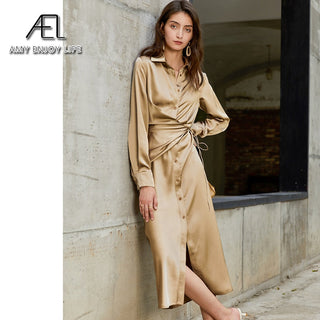 AEL lace up satin robe dress casual loose ladies Single breasted long shirt dress ALODIA STORE