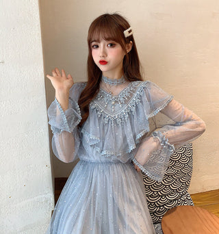 2022 Brand New Women Romantic Tulle Dress Stand Collar Beading Tassels Ruffles Long Sleeve Mesh Dress Cute Mid Dress Vestidos ALODIA STORE