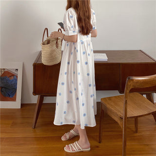 Alien Kitty Vinatge Floral Embroidery Elegant Women Dress 2021 New Summer Korean Style Puff Sleeve Party Long Dresses Vestidos ALODIA STORE