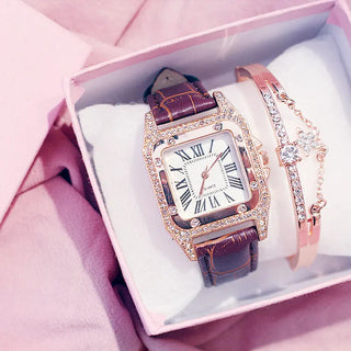 Women Diamond Watch Starry Square Dial Bracelet Watches Set Ladies Leather Band Quartz Wristwatch Female Clock Zegarek Damski ALODIA STORE