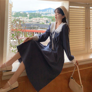 Vintage Dress Women Sweet Lace Peter Pan Collar French Elegant Long Sleeve Lace-Up Fairy One Piece Dress Korean 2021 Autumn Chic ALODIA STORE
