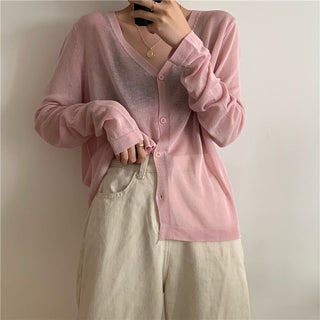 Cardigan Women Korean Long Sleeve Cardigan Summer Cropped Cardigan Knitted V-Neck Thin Ice Silk Sweaters Sunscreen Shirt Tops ALODIA STORE