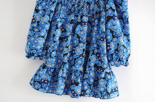Vintage Blue Floral Print Dress Women Lantern Sleeve Square Neck A-line Dress Modern Female Holiday Summer Mini Chiffon Dress ALODIA STORE
